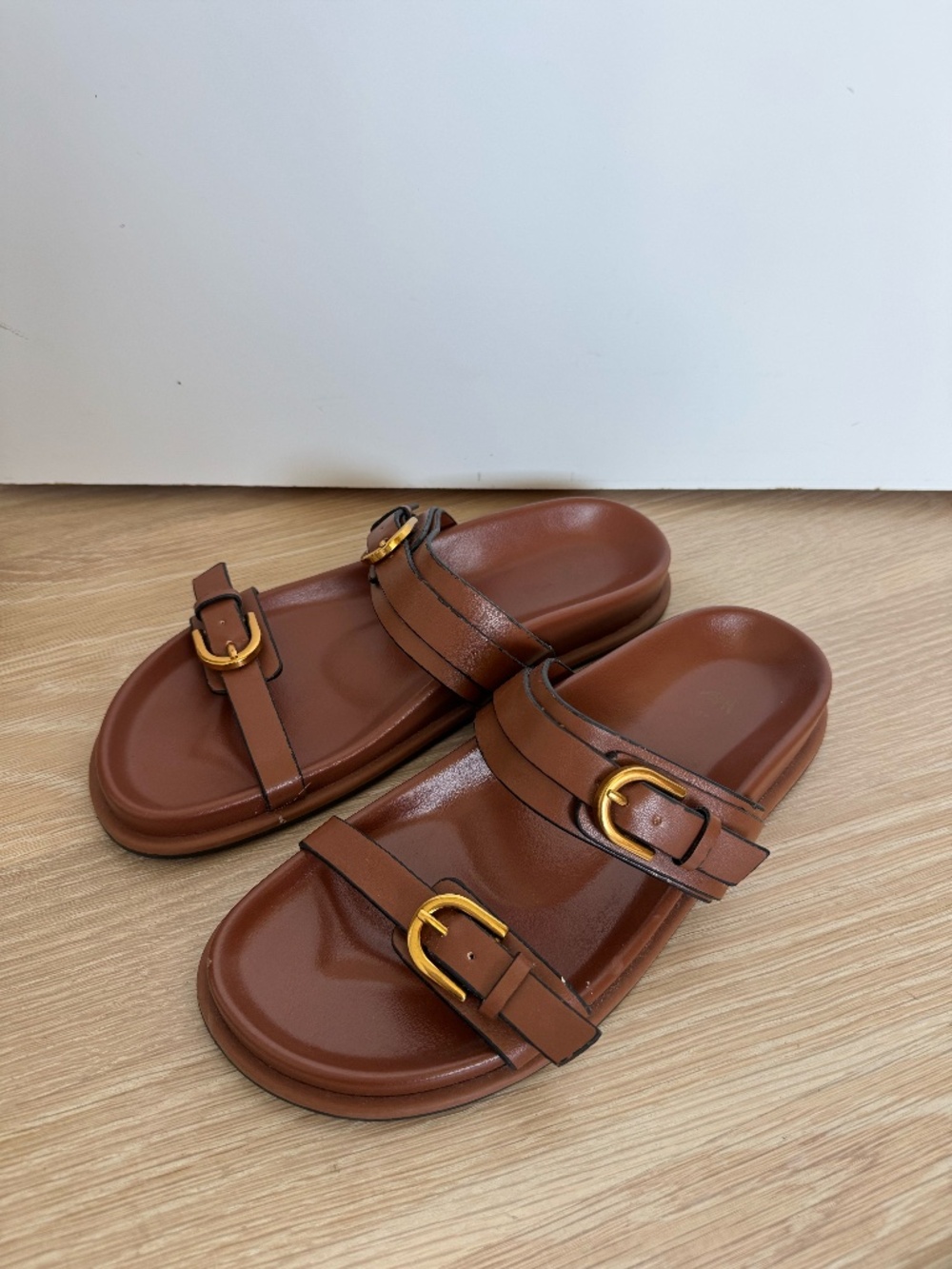 Zara Brown Leather Slide Sandals with Gold Buckles Minimalist Chic. Size 37